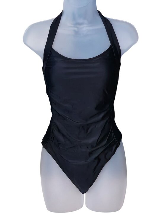 Swimsuit Other - Black Halter One-Piece Swimsuit L Strappy Lace-Up Back Ruched Lined Cheeky